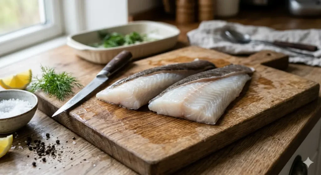 frisk-hellefisk-antiinflammatorisk-kost-omega-3 Frisk hvid hellefiskefilet med krydderurter og dild på et skærebræt.
